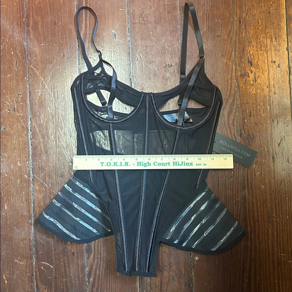 NWT Sheer Black Corset with Space Age Peplum S - Picture 8 of 12